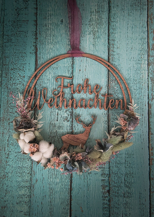 Türkranz, Hoop, Schriftzug "Frohe Weihnachten", mit Hirsch und Trockenblumen